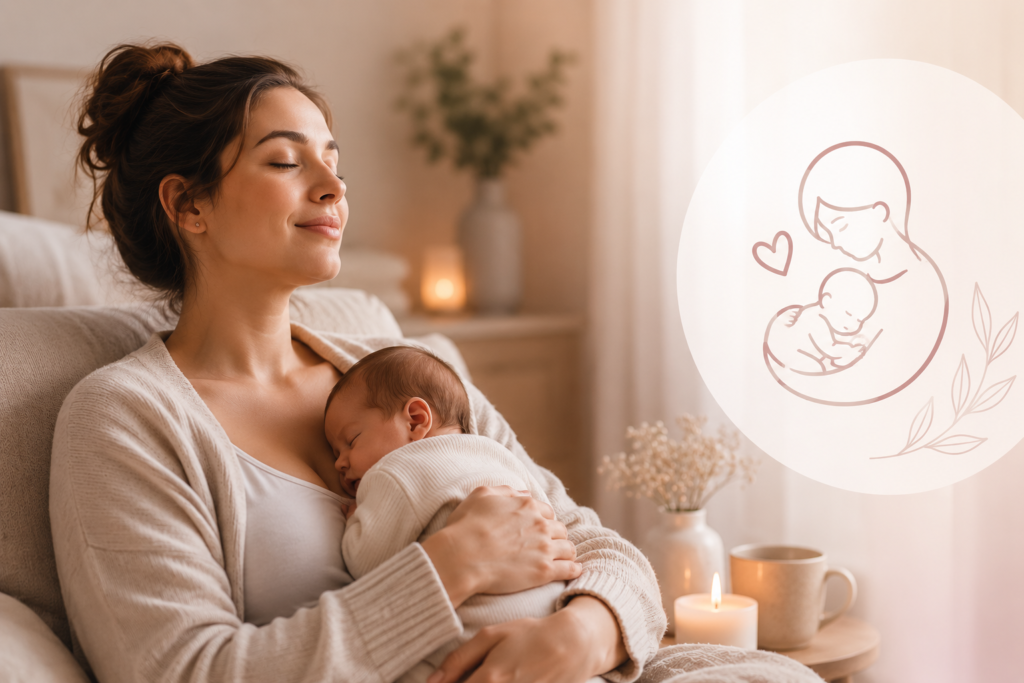 Jeune maman apaisée tenant son nouveau-né dans ses bras, illustrant les bienfaits de l'hypnose en post-partum pour favoriser la détente, la récupération émotionnelle et le lien avec son bébé.