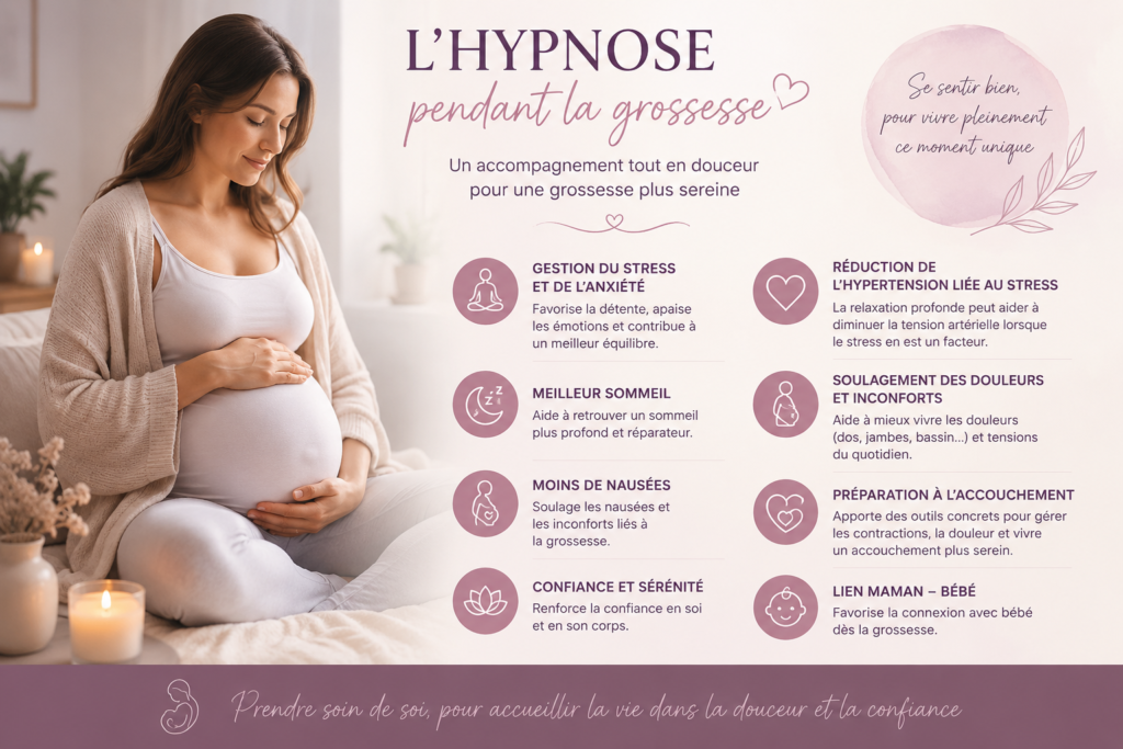 Femme enceinte détendue pratiquant l'hypnose pendant la grossesse pour gérer le stress, mieux dormir, soulager les inconforts et préparer sereinement l'accouchement.