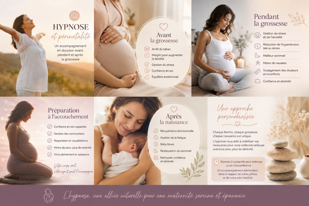 Illustration des bienfaits de l'hypnose en périnatalité : accompagnement avant la grossesse, pendant la grossesse, préparation à l'accouchement et soutien après la naissance.